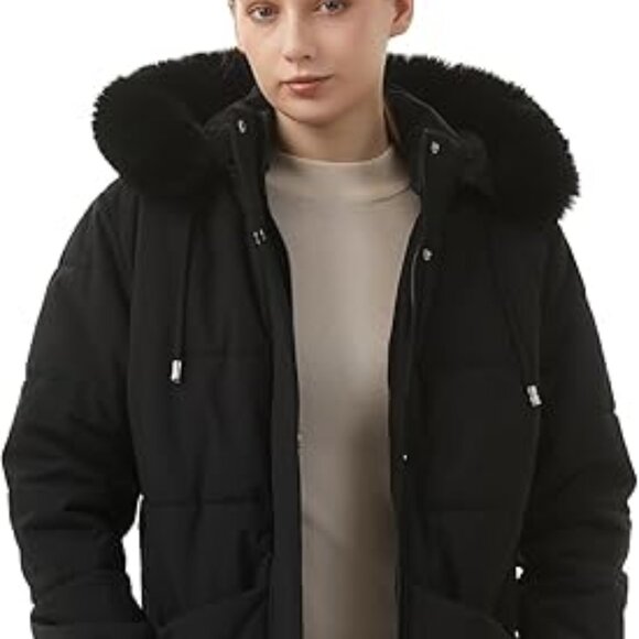 Moerdeng Women's Long Fleece Lined Parka Puffer Coat Faux Fur Hood Sz S - Picture 8 of 9